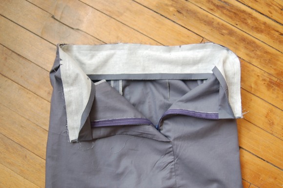 Attaching the waistband on the Liesl + Co Girl Friday Culottes