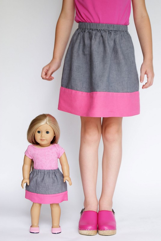 18-inch doll version of the Oliver + S Lazy Days Skirt with double-thickness hem