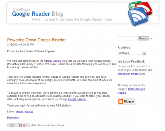 Google Reader End of Life Announcement