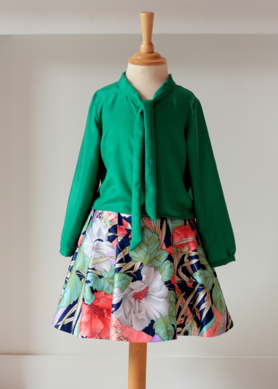 Oliver + S Apple-Picking Bow Blouse in green silk