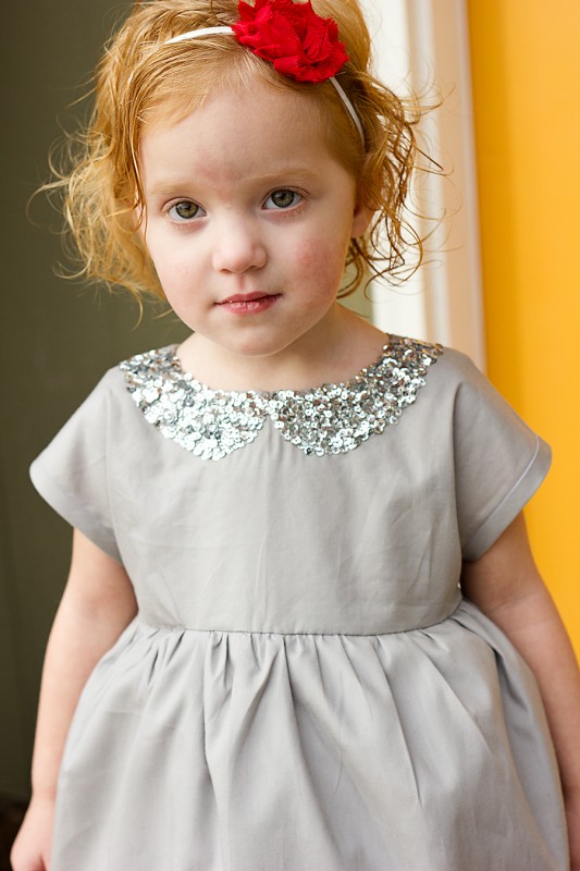 Hand sewn sequins on the fuax collar of the Oliver + S Playtime Dress