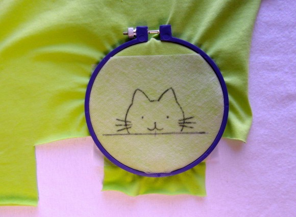 Embroidering a cat on the Oliver + S Lunch Box Tee