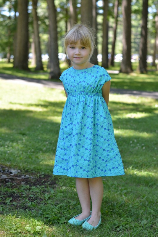 Oliver + S Roller Skate Dress in floral green and blue eyelet Lisette fabric