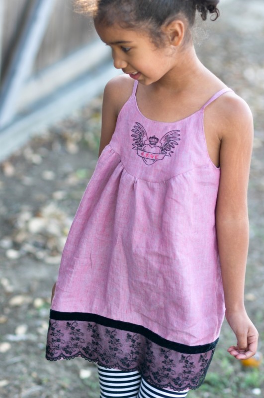 Oliver + S Swingset Tunic with machine embroidered yoke and lace hem