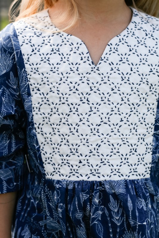 Sashiko embroidery on the yoke of the Hide-and-Seek Dress