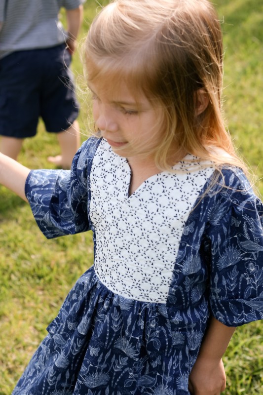 Sashiko embroidery on the yoke of the Oliver + S Hide-and-Seek Dress