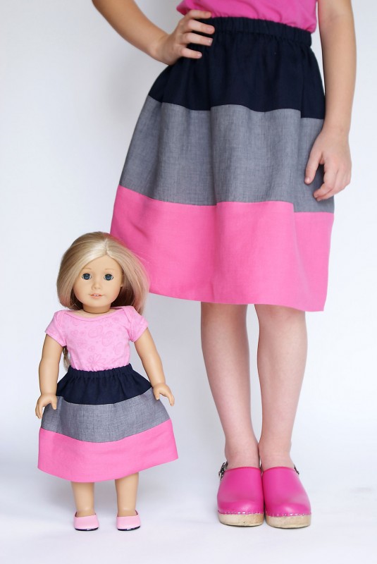 18-inch doll version of the three stripes Oliver + S Lazy Days Skirt