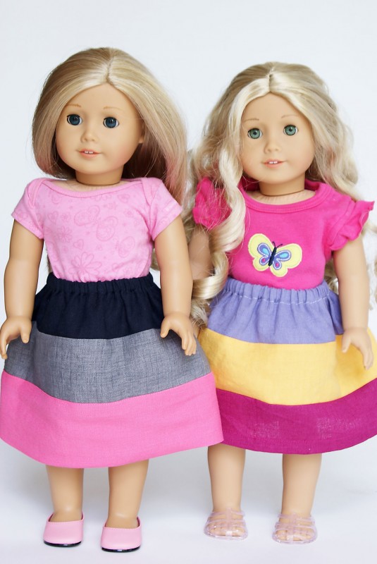 18-inch doll version of the three stripes Oliver + S Lazy Days Skirt