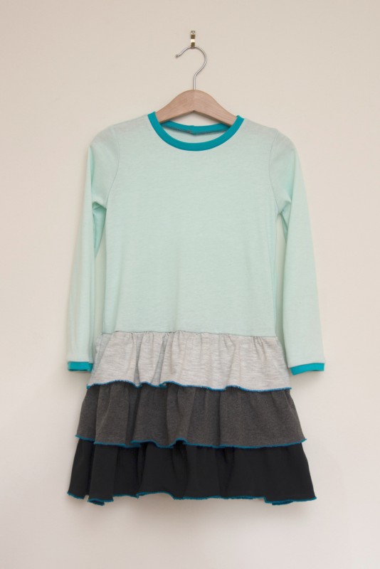Oliver + S School Bus T-shirt transformed into a ruffled skirt dress