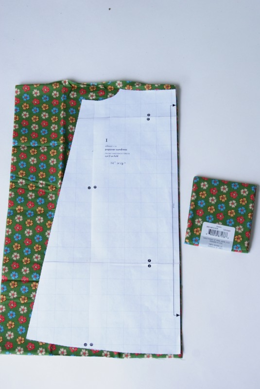 Size 2 Oliver + S Popover Sundress pattern piece on a fat quarter