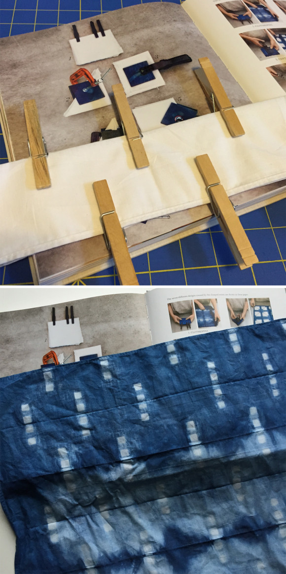 Indigo dyeing with clamping technique (clothespins)