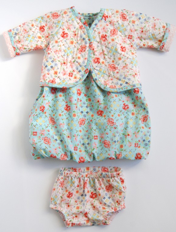 Oliver + S Lullaby Layette jacket, Bubble Dress and Tea Party bloomers in Woodland Clearing fabrics