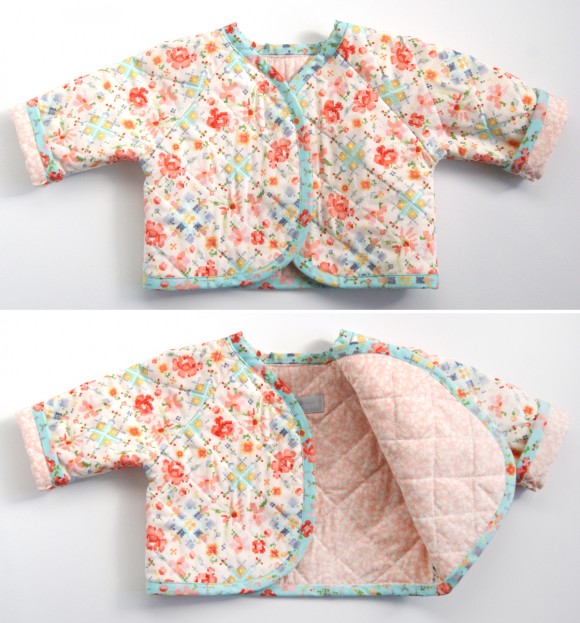 Oliver + S Lullaby Layette jacket in Woodland Clearing fabrics