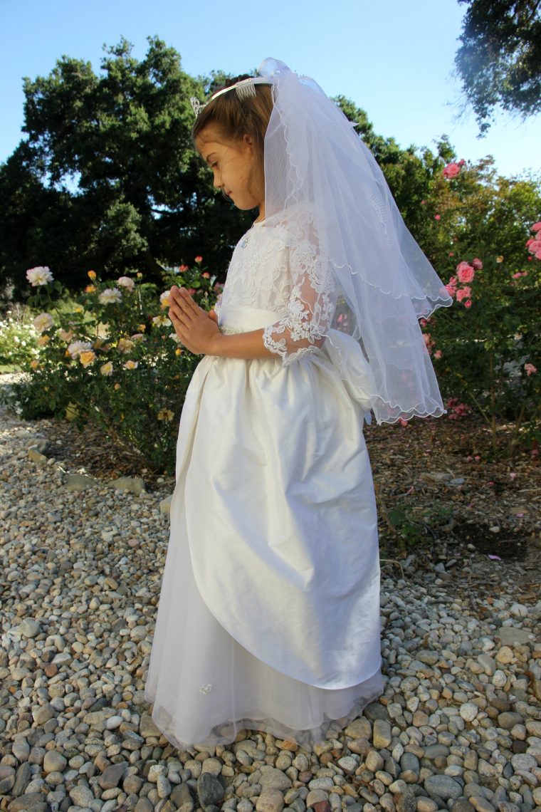 First Communion dress made using the Oliver + S Building Block Dress book