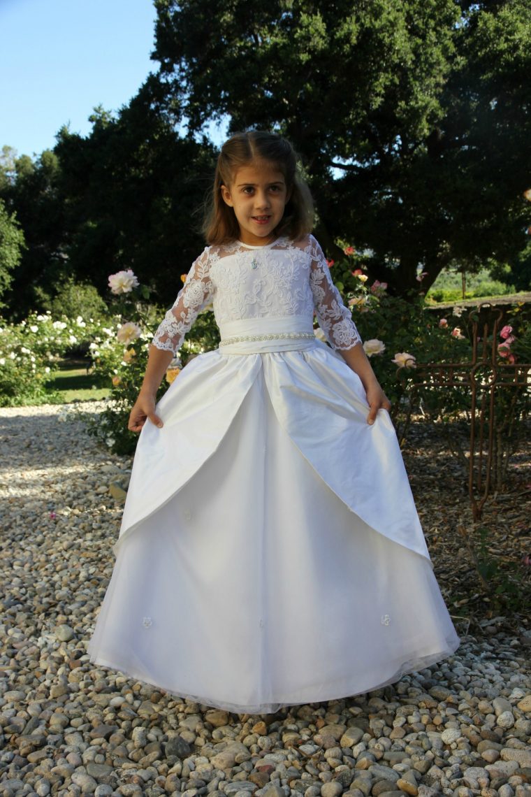 First Communion dress made using the Oliver + S Building Block Dress book