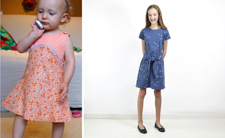 S wearing our very first pattern, the Tea Party Sundress, and our most recent--50th--pattern, the Girl on the Go Dress.