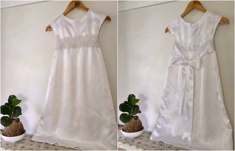 Jessica made a satin baptismal dress using the Roller Skate Dress pattern.