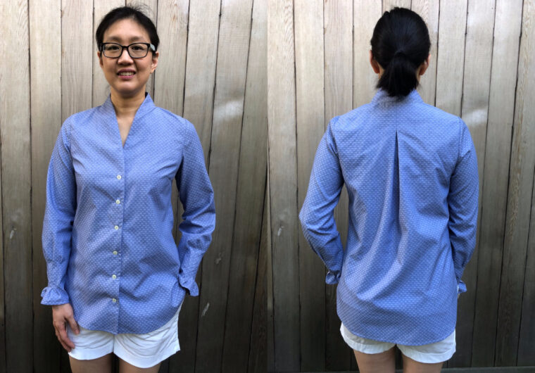 DIY shawl-collar button-up shirt sewing pattern.