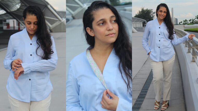 DIY shawl-collar button-up shirt sewing pattern.