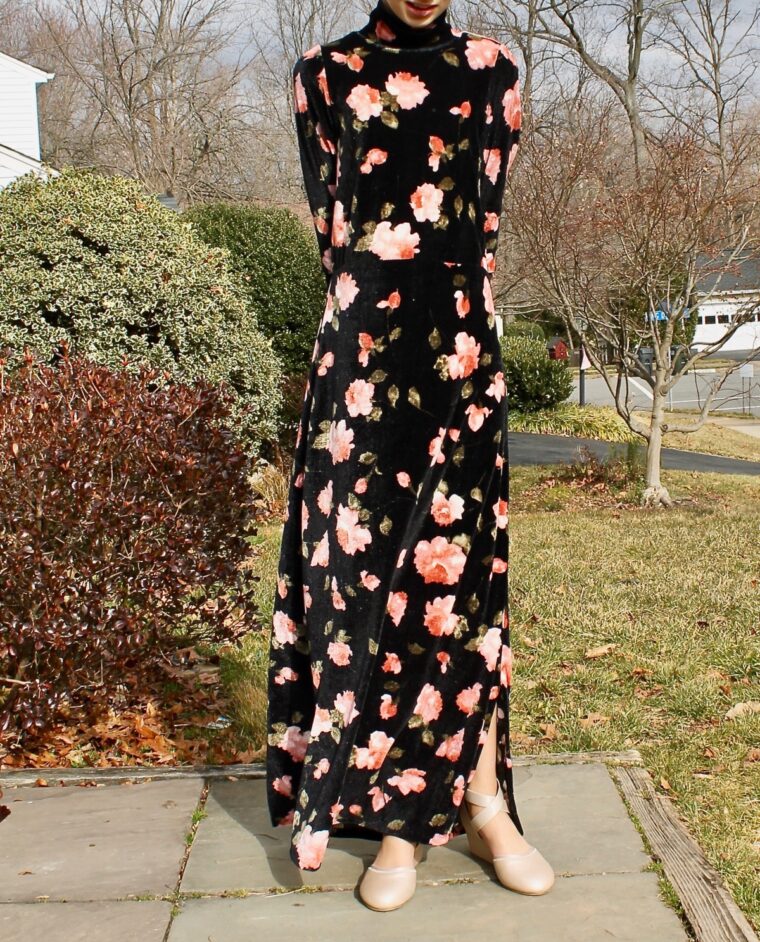 Tips and tricks for drafting and sewing a DIY turtleneck maxi dress.