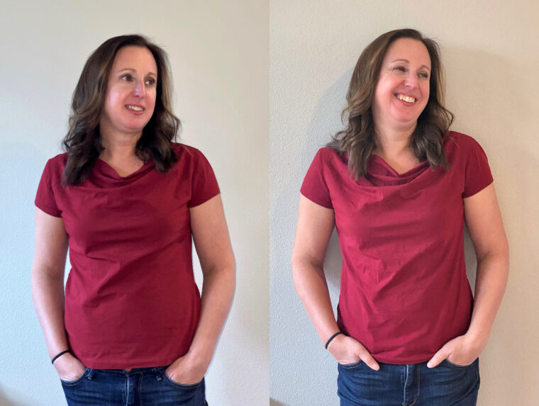 T-shirt fitting tips for a cowl-neck tee.