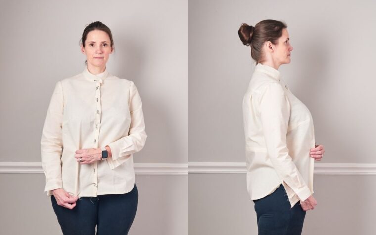 Liesl + Co Classic Shirt Muslin -pinching out the amount of fabric that needs to be removed