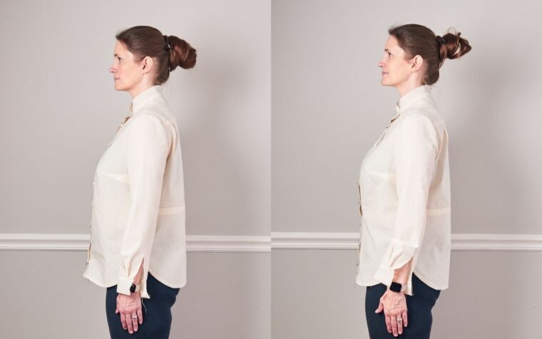 Liesl + Co Classic Shirt Muslin-Before and after comparing the addition of a vertical dart from the side view
