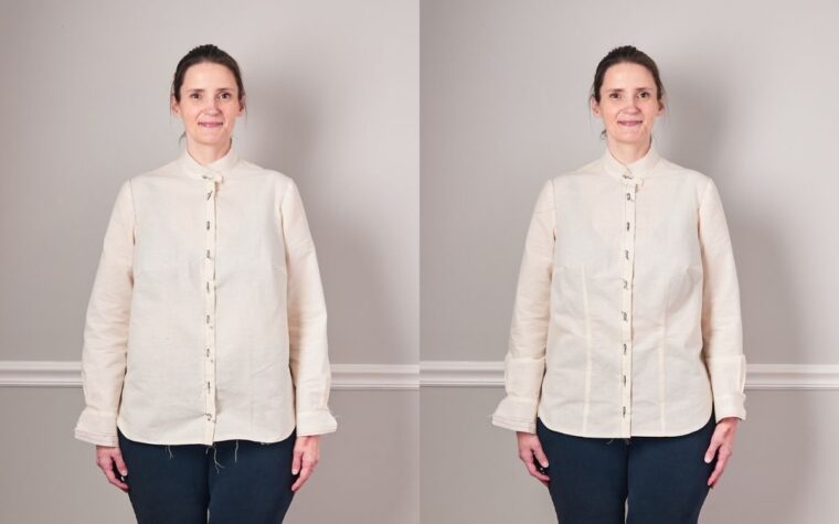 Liesl + Co Classic Shirt Muslin-Before and after comparing the addition of a vertical dart from the front view