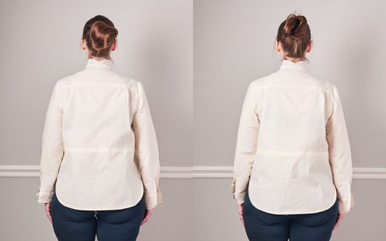 Liesl + Co Classic Shirt Muslin-Before and after comparing the addition of a vertical dart from the back view