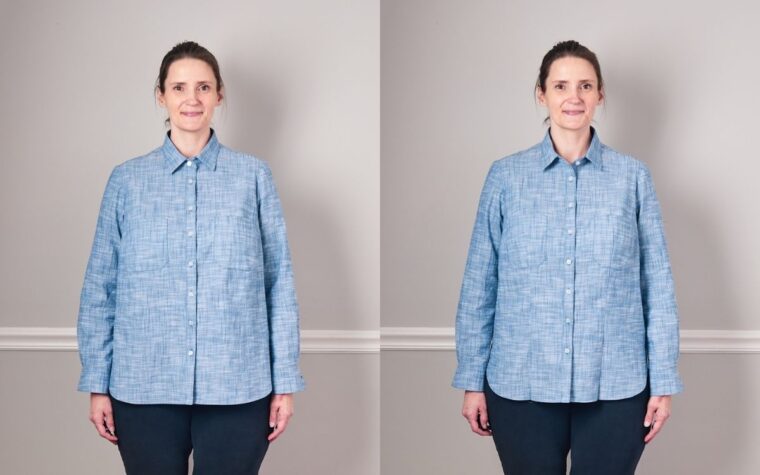 Liesl + Co Classic Shirt-Before and after comparing the addition of a vertical dart from the front view