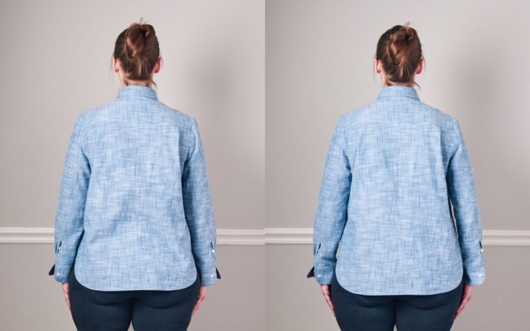 Liesl + Co Classic Shirt-Before and after comparing the addition of a vertical dart from the back view