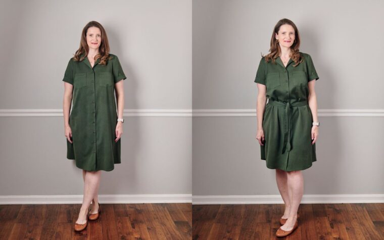 Two pictures of a woman in a green Camp Dress-one with a self fabric belt and one without