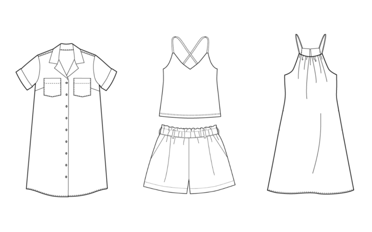 Summer Wardrobe Capsule using Liesl + Co Patterns: Line drawings of the Camp Dress, Tribeca Knit Cami, Lisboa Shorts, and Enmore Dress