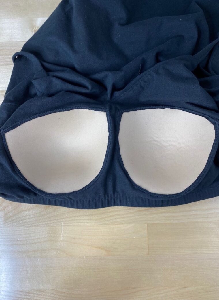 Liesl + Co Tribeca Knit Cami Tutorial: How to add bra cups to a shelf bra-Final view of cups with fabric cut away