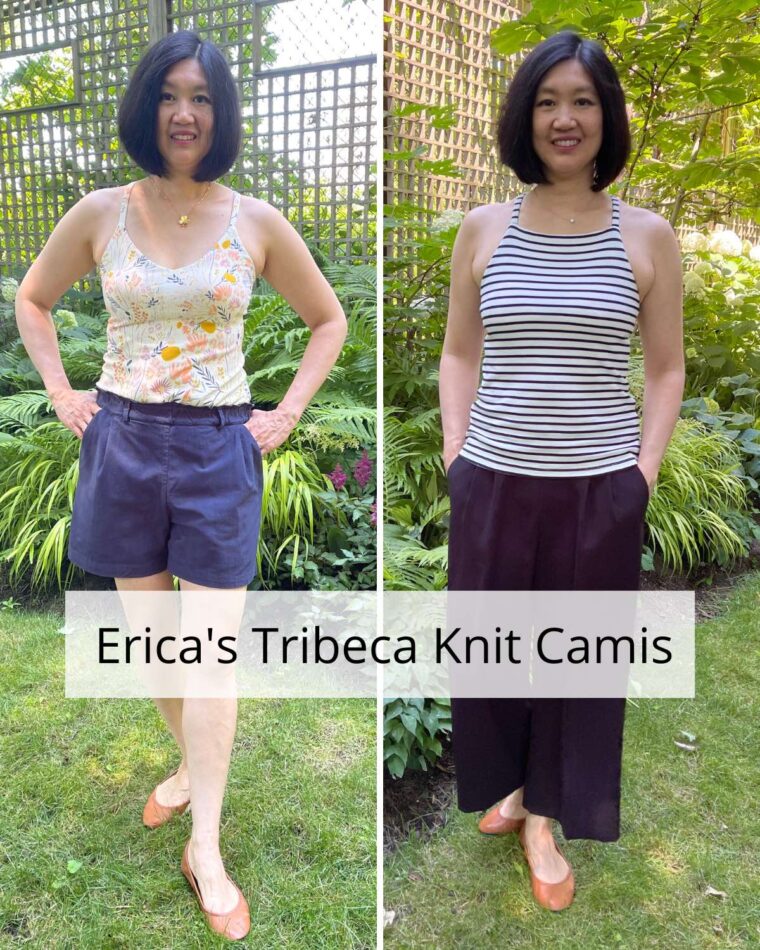 Woman wear both the v-neck and bateau versions of the Liesl + Co Tribeca Knit Cami