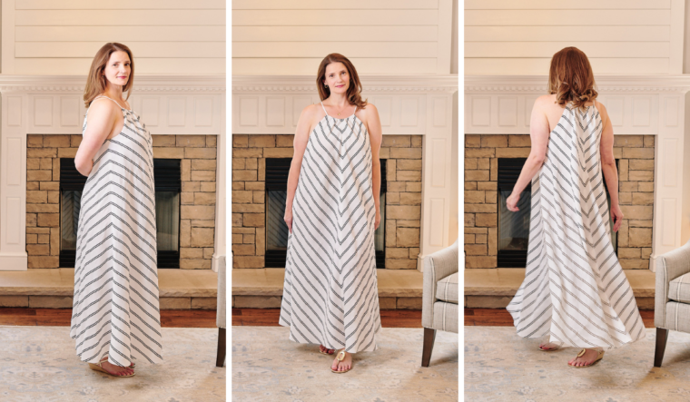 Three pictures of woman wearing long flared Enmore Dress (side, front, back)