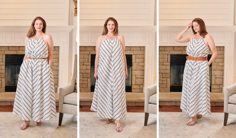 Three pictures of woman wearing long flared Enmore Dress, each styled a different way