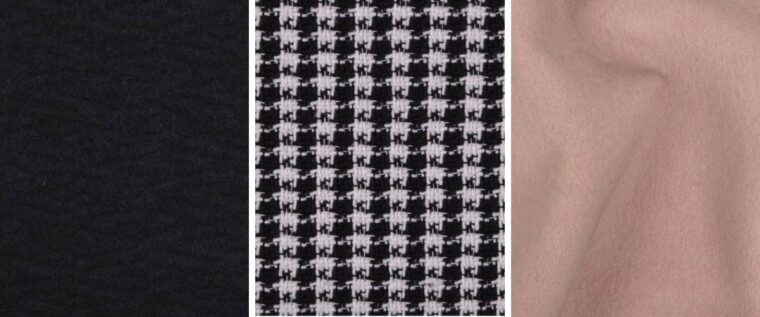 Three coating fabrics in black, houndstooth and blush