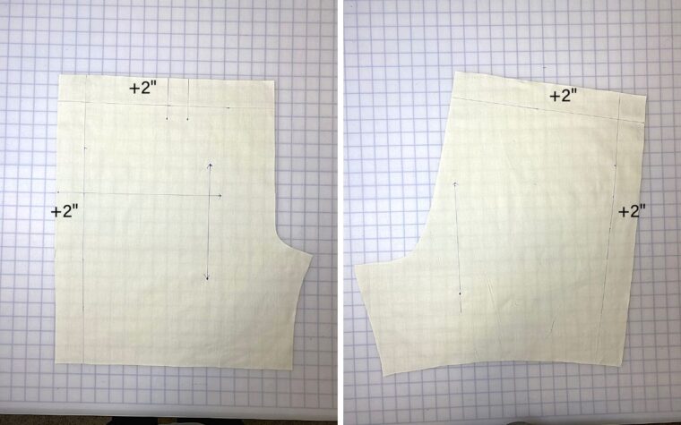 Muslin pieces cut for shorts pattern showing grainline and original cut lines marked