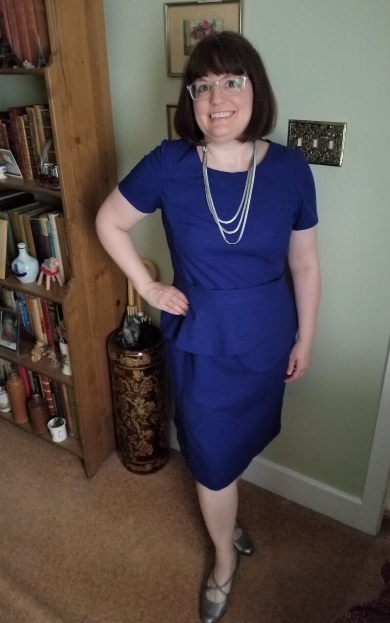 Woman wearing blue linen Rush Hour Dress