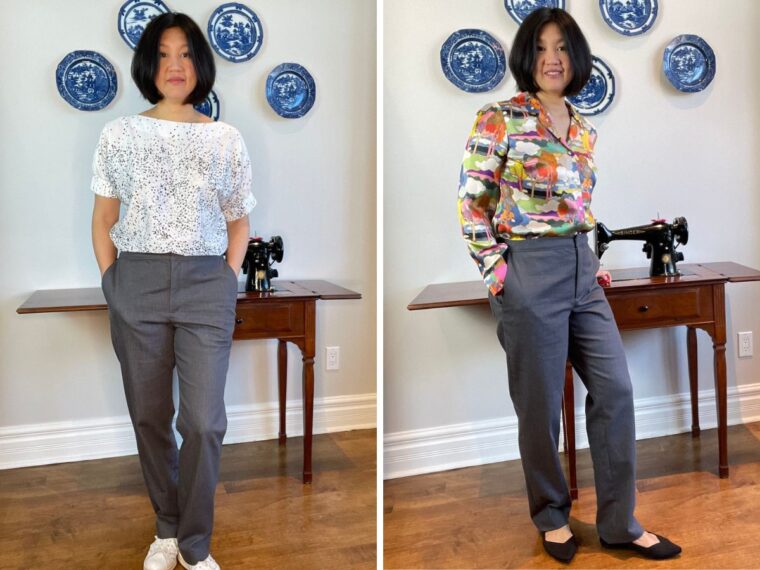 Two different pictures of a woman wearing grey denim trousers. On the left she is wearing a white shirt sleeve shirt. On the right she is wearing a silk blouse.