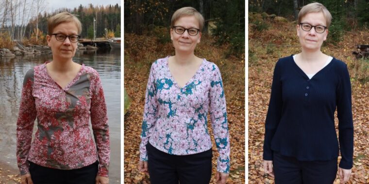 Woman wearing three different versions of a long-sleeve henley, each in a different fabric