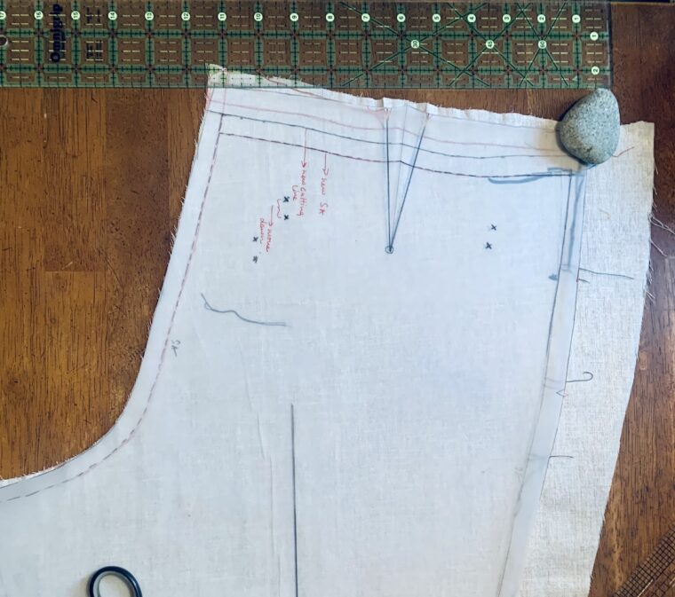 Close up view of pattern adjustments for Peckham Trousers sewing pattern.