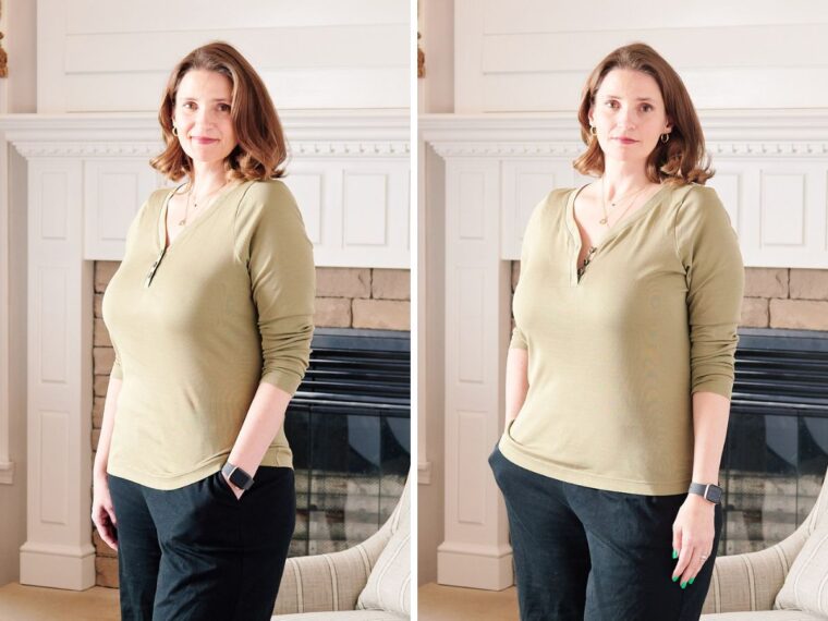 Two pictures of a woman wearing an olive henley. In the left picture, the henley is buttoned. In the right picture, the henley is unbuttoned.