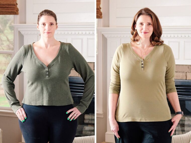 Double picture of the same woman wearing two different versions of the same pattern. In the picture on the left, she is wearing a muslin in dark green fabric. In the photo on the right, she is wearing a different version in olive with several fit adjustments. The neckline has been raised and the bodice lengthened.