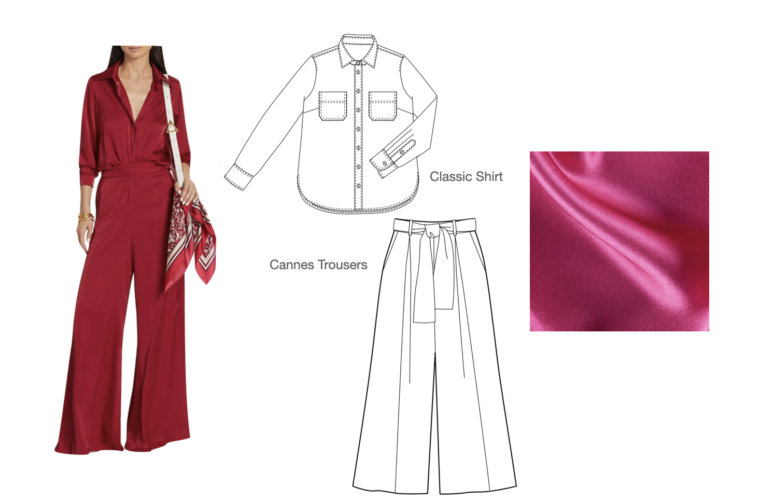 Mock up of outfit using Classic Shirt and Cannes Trousers using hot pink satin