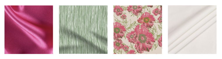 Four digital fabric swatches: hot pink crepe back satin, textured green striped cotton lawn, Art Gallery Fabrics Rayon with large pink flowers on a cream background, white textured cotton pique