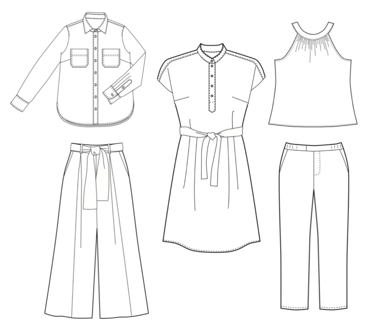 5-piece Spring Wardrobe Capsule using Liesl + Co Patterns: Line drawings of the Classic Shirt, Cannes Trousers, Santa Rosa Dress, Sintra Top and Peckham Trousers