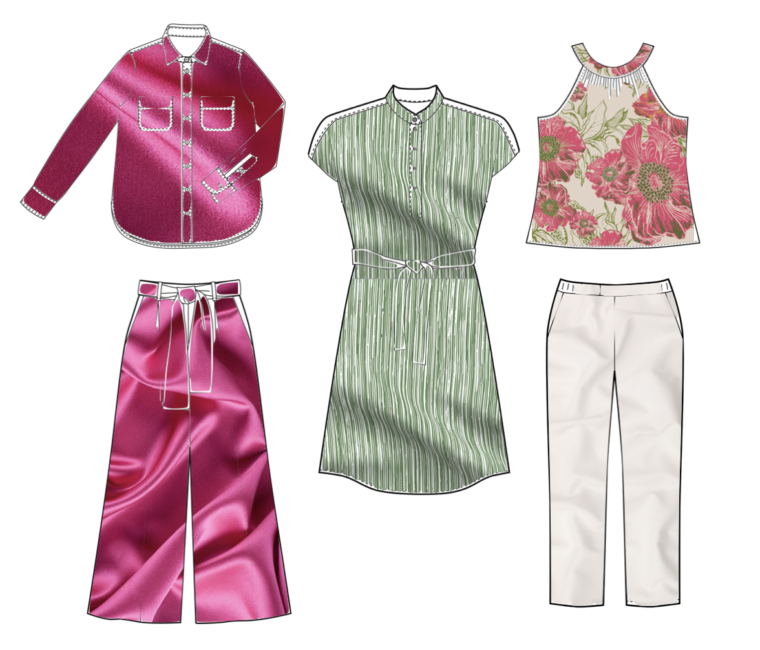 Mock up of 5-piece Spring Wardrobe Capsule using Liesl + Co Patterns: Line drawings of the Pink Satin Classic Shirt, Pink Satin Cannes Trousers, Green striped Santa Rosa Dress, Floral Print Sintra Top and White pique Peckham Trousers