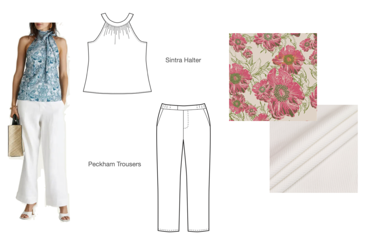 Mock up of outfit Sintra Halter and Peckham Trousers using Pink Floral Art Gallery Fabrics